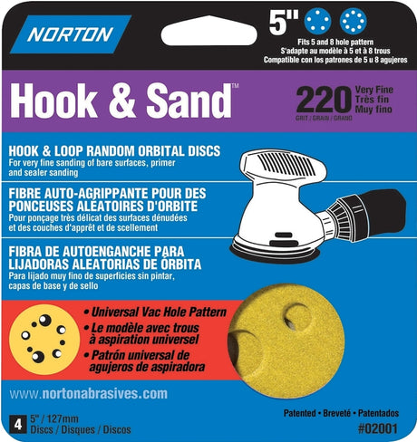 Norton 02001 Sanding Disc, 5 in Dia, Coated, P220 Grit, Very Fine, Aluminum Oxide Abrasive, C-Weight Paper Backing