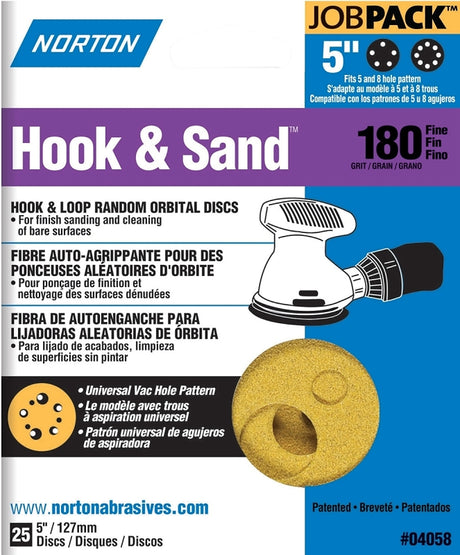 Norton 04058 Sanding Disc, 5 in Dia, Coated, P180 Grit, Fine, Aluminum Oxide Abrasive, Paper Backing