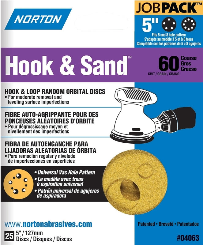 Norton 04063 Sanding Disc, 5 in Dia, Coated, P60 Grit, Coarse, Aluminum Oxide Abrasive, Paper Backing, Universal Vacuum