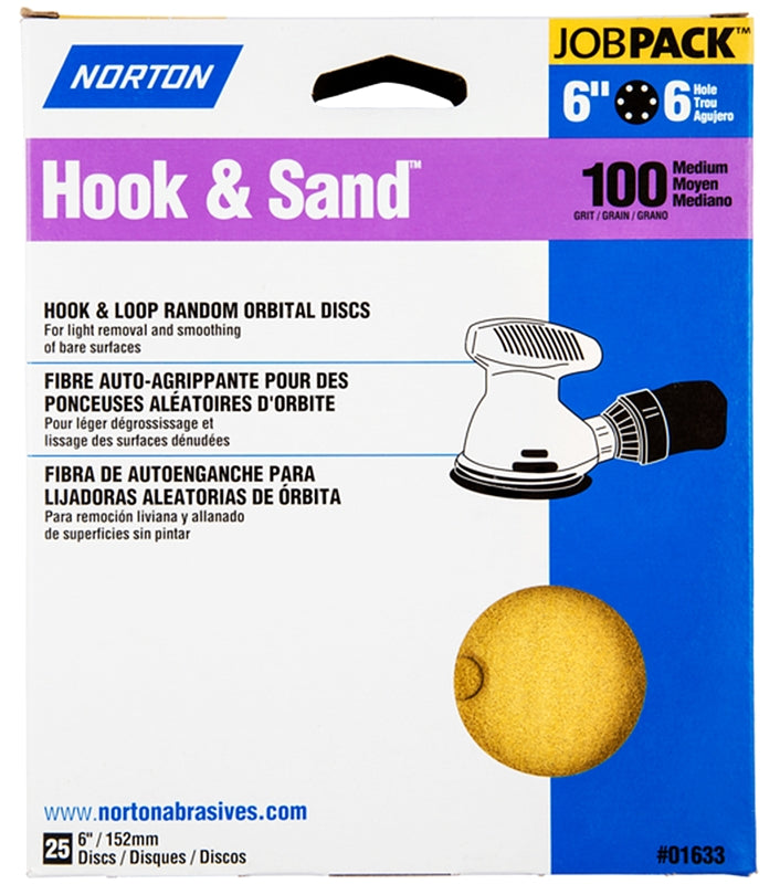 Norton Hook & Sand Series 07660701633 Vacuum Disc, 6 in Dia, P100 Grit, Medium, Aluminum Oxide Abrasive, Paper Backing