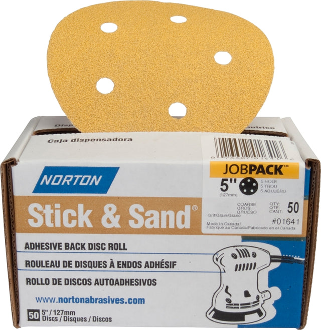 Norton Stick & Sand Series 07660701641 Sanding Disc, 5 in Dia, Coated, 60 Grit, Coarse, Aluminum Oxide Abrasive