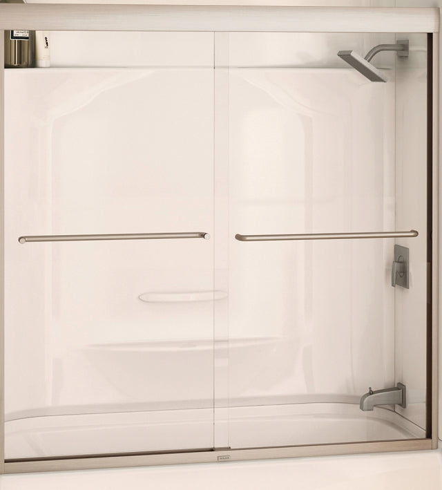 Maax Aura 135661-900-305 Bathtub Door, Nickel Frame, Semi Frame, Clear Glass, Bypass/Sliding Door, 1/4 in Glass