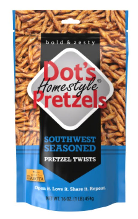 Dot's Homestyle Pretzels 5002- DP Southwest Seasoned Pretzel Twists, Artificial Butter, 16 oz Bag, Pack of 10