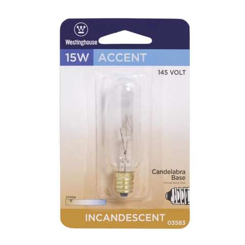 Westinghouse 15 W T6 Tubular Incandescent Bulb E12 (Candelabra) Soft White 1 pk