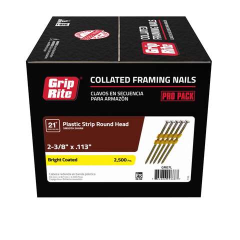 Grip-Rite 2-3/8 in. L X 12 Ga. Angled Strip Bright Framing Nails 21 deg 2500 pk