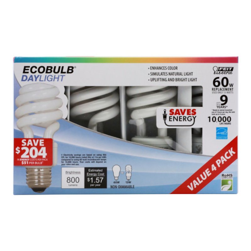 Feit Electric ESL13T/D/4 Compact Fluorescent Bulb, 13 W, Twist Lamp, E26 Medium Lamp Base, 800 Lumens, 6500 K Color Temp
