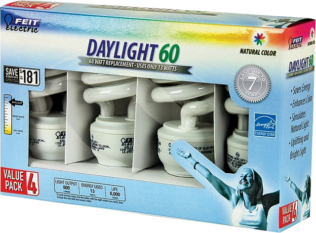 Feit Electric ESL13T/D/4 Compact Fluorescent Bulb, 13 W, Twist Lamp, E26 Medium Lamp Base, 800 Lumens, 6500 K Color Temp