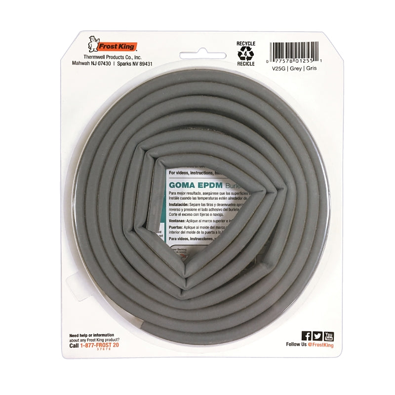 Frost King V25GA Weatherseal, 5/16 in W, 17 ft L, EPDM Rubber, Gray