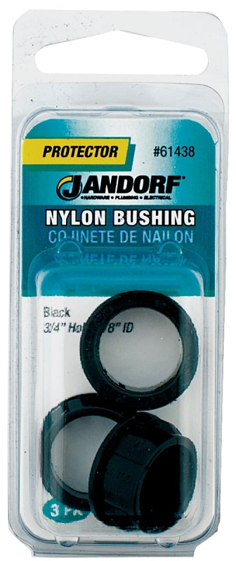 Jandorf 61438 Conduit Bushing, 0.63 in ID, 0.85 in OD, Nylon, Black, 5/8 in Dia Panel Hole, 0.406 in Thick Panel