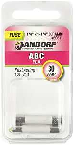 Jandorf 60611 Fast Acting Fuse, 30 A, 125 VDC, 200, 400, 1000 A Interrupt, Ceramic Body