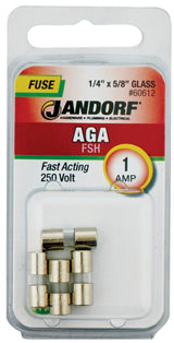 Jandorf 60612 Series Fast Acting Fuse, 0.11 Ohm, 1 A, 250 V, 35 A, 10 kA Interrupt, Glass Body, 5/8 in Length