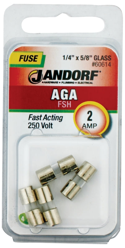 Jandorf 60614 Fast Acting Fuse, 2 A, 250 V, 100, 200 A Interrupt, Glass Body
