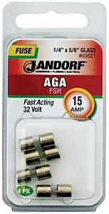 Jandorf 60621 Series Fast Acting Fuse, 0.005 Ohm, 15 A, 32 V, 1 kA Interrupt, Glass Body