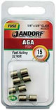 Jandorf 60621 Series Fast Acting Fuse, 0.005 Ohm, 15 A, 32 V, 1 kA Interrupt, Glass Body