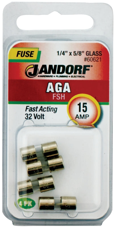 Jandorf 60621 Series Fast Acting Fuse, 0.005 Ohm, 15 A, 32 V, 1 kA Interrupt, Glass Body