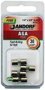 Jandorf 60623 Series Fast Acting Fuse, 0.002 Ohm, 30 A, 32 V, 1 kA Interrupt, Glass Body, 5/8 in Length