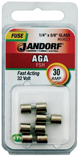 Jandorf 60623 Series Fast Acting Fuse, 0.002 Ohm, 30 A, 32 V, 1 kA Interrupt, Glass Body, 5/8 in Length