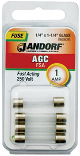 Jandorf 60626 Series Fast Acting Fuse, 0.19 Ohm, 1 A, 250 V, 35 A, 10 kA Interrupt, Glass Body