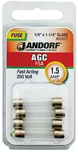 Jandorf 60627 Series Fast Acting Fuse, 0.11 Ohm, 1.5 A, 250 V, 100 A, 10 kA Interrupt, Glass Body