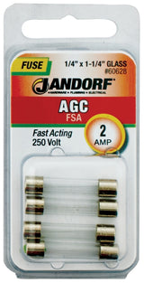Jandorf 60628 Series Fast Acting Fuse, 0.07 Ohm, 2 A, 250 V, 100 A, 10 kA Interrupt, Glass Body