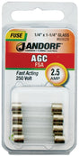 Jandorf 60629 Series Fast Acting Fuse, 0.05 Ohm, 2.5 A, 250 V, 100 A, 10 kA Interrupt, Glass Body