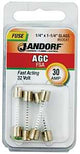 Jandorf 60641 Series Fast Acting Fuse, 0.002 Ohm, 30 A, 32 V, 1 kA Interrupt, Glass Body, 1-1/4 in Length