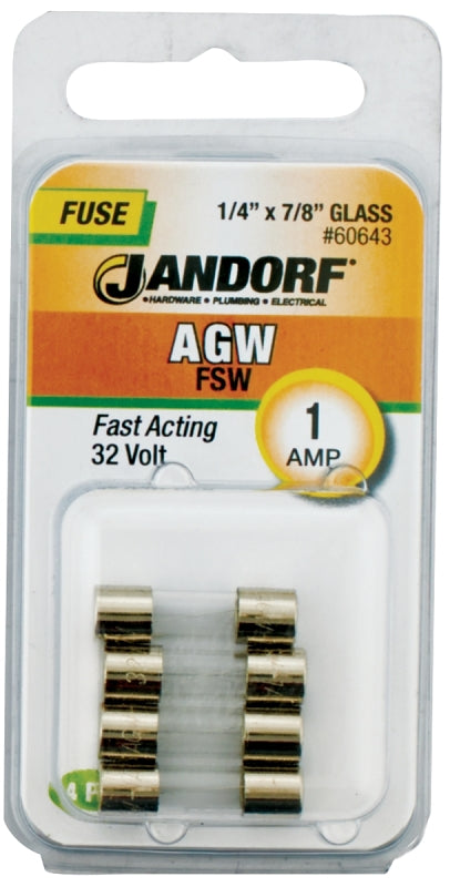 Jandorf 60643 Fast Acting Fuse, 1 A, 32 V, 10 kA Interrupt, Glass Body
