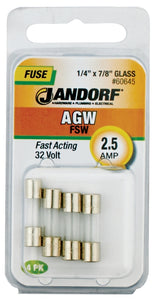 Jandorf 60645 Fast Acting Fuse, 2.5 A, 32 V, 10 kA Interrupt, Glass Body