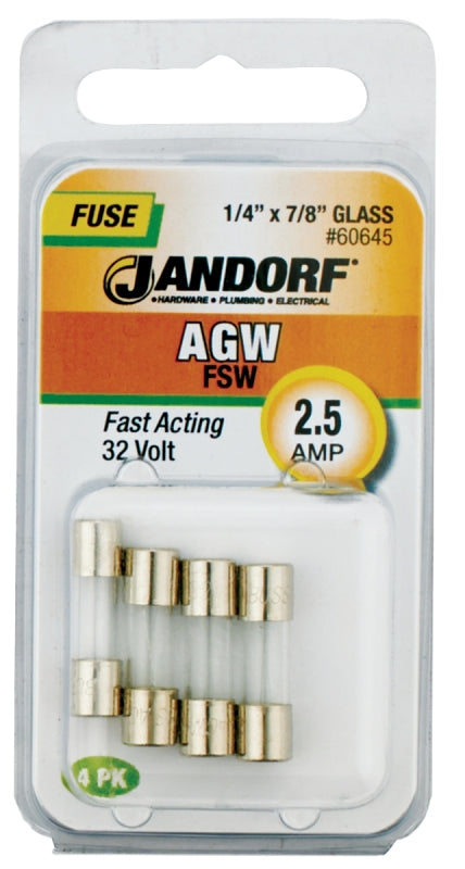 Jandorf 60645 Fast Acting Fuse, 2.5 A, 32 V, 10 kA Interrupt, Glass Body