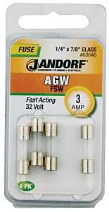 Jandorf 60646 Fast Acting Fuse, 3 A, 32 V, 10 kA Interrupt, Glass Body