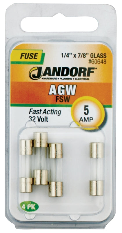 Jandorf 60648 Fast Acting Fuse, 5 A, 32 V, 10 kA Interrupt, Glass Body