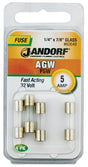 Jandorf 60648 Fast Acting Fuse, 5 A, 32 V, 10 kA Interrupt, Glass Body