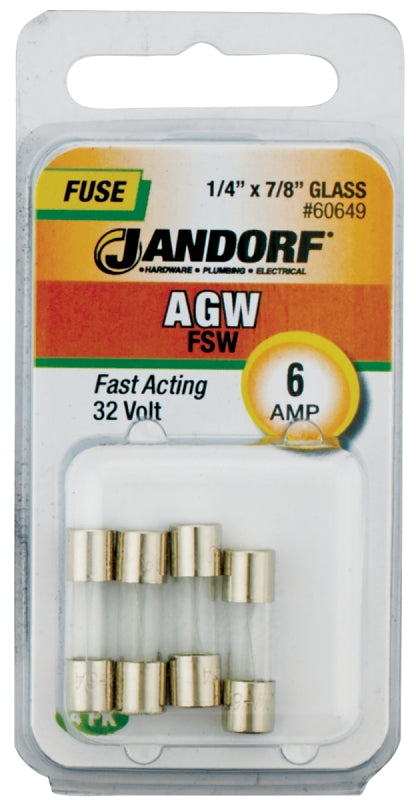 Jandorf 60649 Fast Acting Fuse, 6 A, 32 V, 10 kA Interrupt, Glass Body
