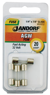 Jandorf 60652 Fast Acting Fuse, 20 A, 32 V, 10 kA Interrupt, Glass Body