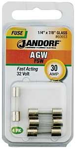 Jandorf 60653 Fast Acting Fuse, 30 A, 32 V, 10 kA Interrupt, Glass Body