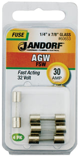 Jandorf 60653 Fast Acting Fuse, 30 A, 32 V, 10 kA Interrupt, Glass Body