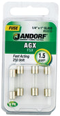 Jandorf 60656 Series Fast Acting Fuse, 0.06 Ohm, 1.5 A, 250 V, 100 A, 10 kA Interrupt, Glass Body