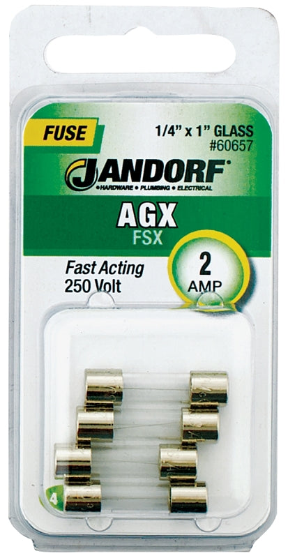 Jandorf 60657 Series Fast Acting Fuse, 0.04 Ohm, 2 A, 250 V, 100 A, 10 kA Interrupt, Glass Body