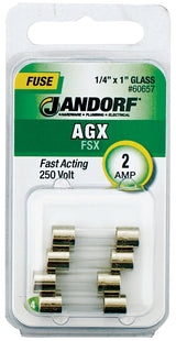 Jandorf 60657 Series Fast Acting Fuse, 0.04 Ohm, 2 A, 250 V, 100 A, 10 kA Interrupt, Glass Body