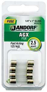 Jandorf 60658 Fast Acting Fuse, 2.5 A, 125 V, 100 A, 10 kA Interrupt, Glass Body