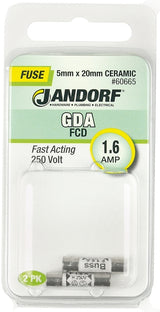Jandorf 60665 Fast Acting Fuse, 0.11 Ohm, 1.6 A, 250 V, 1500 A Interrupt, Ceramic Body, 5 mm Dia