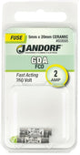 Jandorf 60666 Fast Acting Fuse, 0.07 Ohm, 2 A, 250 V, 1500 A Interrupt, Ceramic Body, 5 mm Dia
