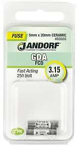Jandorf 60668 Fast Acting Fuse, 0.03 Ohm, 3.15 A, 250 V, 1500 A Interrupt, Ceramic Body, 5 mm Dia