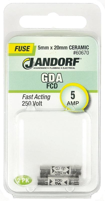 Jandorf 60670 Fast Acting Fuse, 0.01 Ohm, 5 A, 250 V, 1500 A Interrupt, Ceramic Body, 5 mm Dia