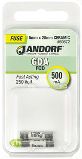 Jandorf 60672 Fast Acting Fuse, 0.46 Ohm, 500 mA, 250 V, 1500 A Interrupt, Ceramic Body