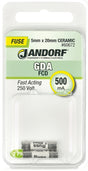 Jandorf 60672 Fast Acting Fuse, 0.46 Ohm, 500 mA, 250 V, 1500 A Interrupt, Ceramic Body