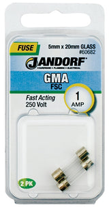 Jandorf 60682 Series Fast Acting Fuse, 0.16 Ohm, 1 A, 250 V, 35 A, 10 kA Interrupt, Glass Body