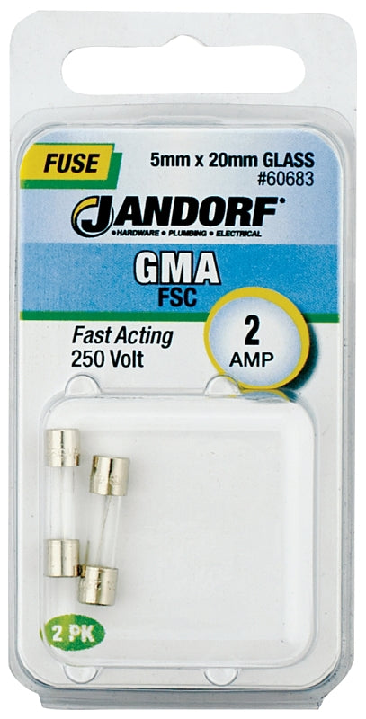 Jandorf 60683 Series Fast Acting Fuse, 0.06 Ohm, 2 A, 250 V, 100 A, 10 kA Interrupt, Glass Body