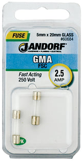 Jandorf 60684 Series Fast Acting Fuse, 0.04 Ohm, 2.5 A, 250 V, 100 A, 10 kA Interrupt, Glass Body