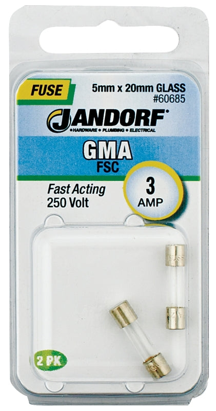 Jandorf 60685 Series Fast Acting Fuse, 0.03 Ohm, 3 A, 250 V, 100 A, 10 kA Interrupt, Glass Body